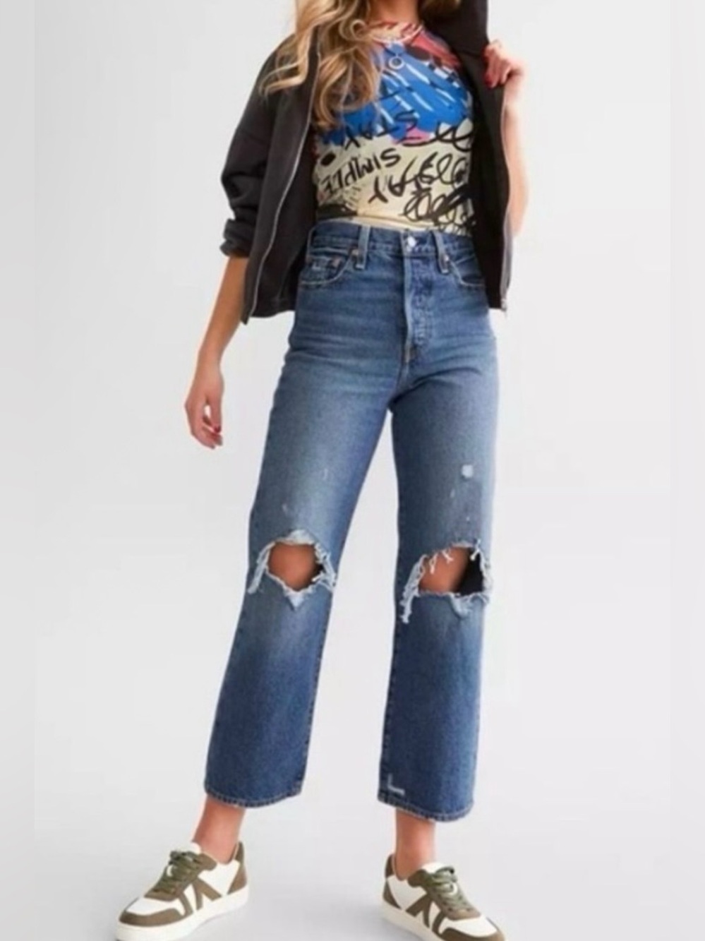 Levi’s Medium Wash Distressed Ribcage Straight Ankle Jeans - Size 29 - Picture 2 of 7